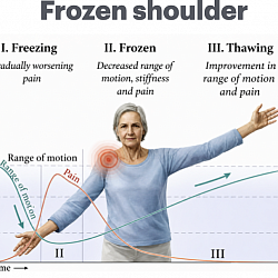 Lehrgrafik zum Verlauf von Schmerz und Beweglichkeit bei Frozen Shoulder